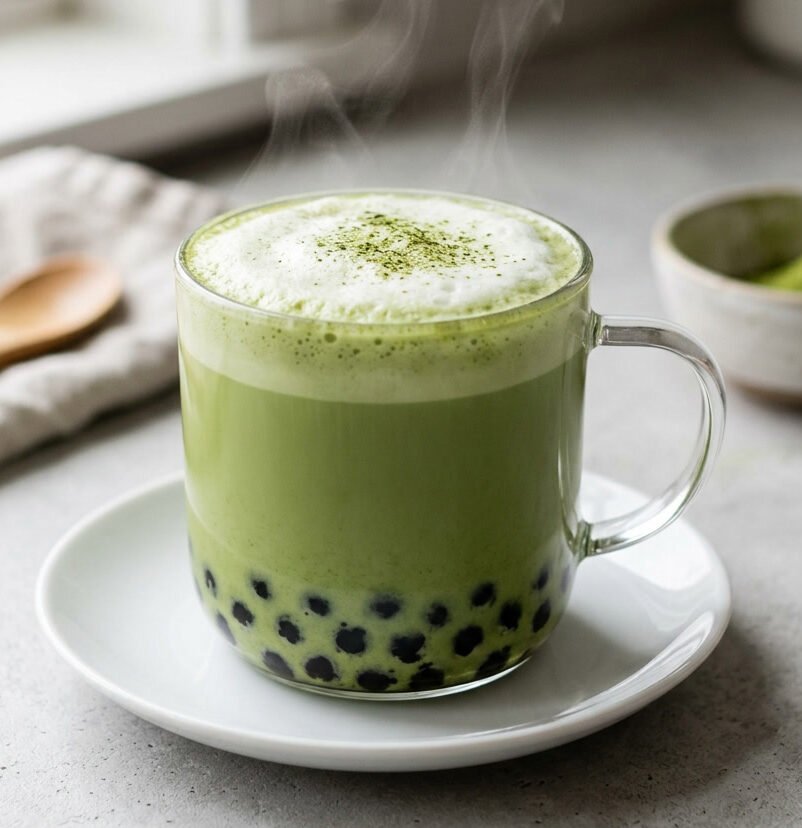 Hot matcha boba latte in a clear glass mug with black tapioca pearls, served on a saucer on a light kitchen counter.
