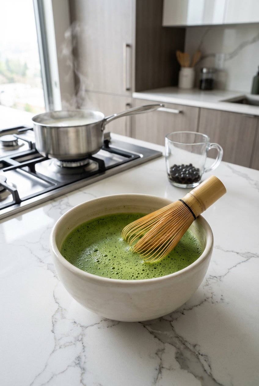 Whisked matcha in a bowl on a white marble kitchen counter with steaming milk and boba nearby