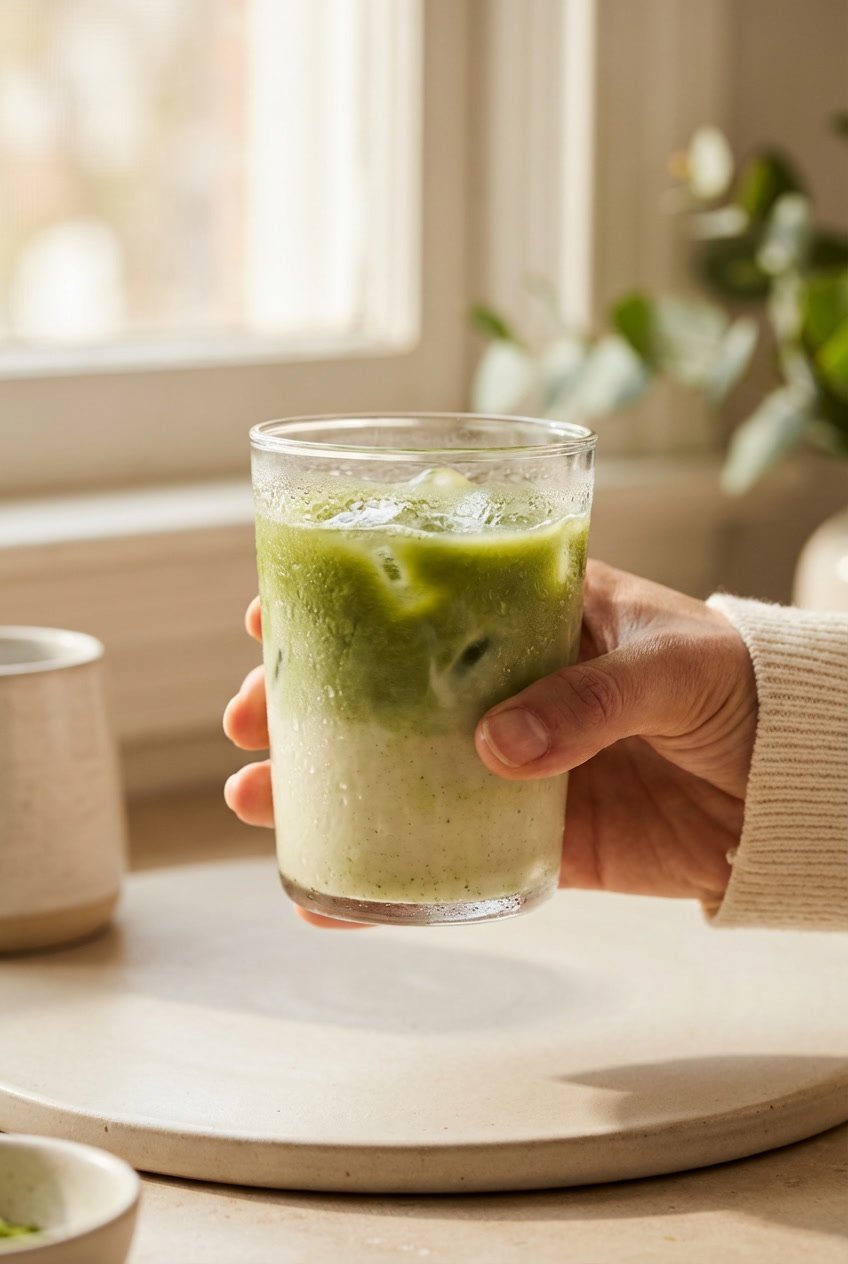 Hand holding an iced matcha latte near a window for Starbucks matcha latte vs matcha bubble tea comparison