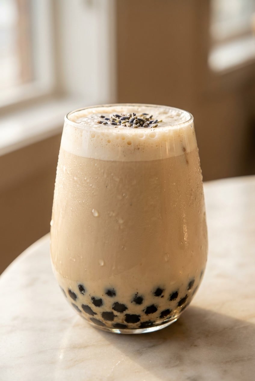 iced london fog bubble tea with black tapioca pearls in a glass
