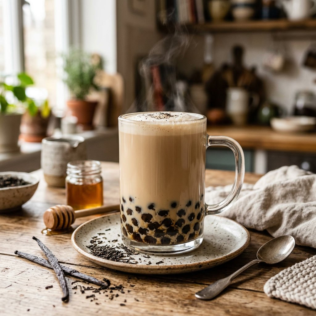 London Fog bubble tea in a glass mug with black tapioca pearls, honey, and vanilla on a rustic wooden table
