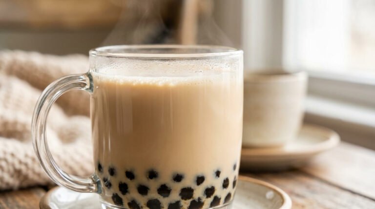 London fog bubble tea made with Earl Grey milk tea, vanilla, and black tapioca pearls