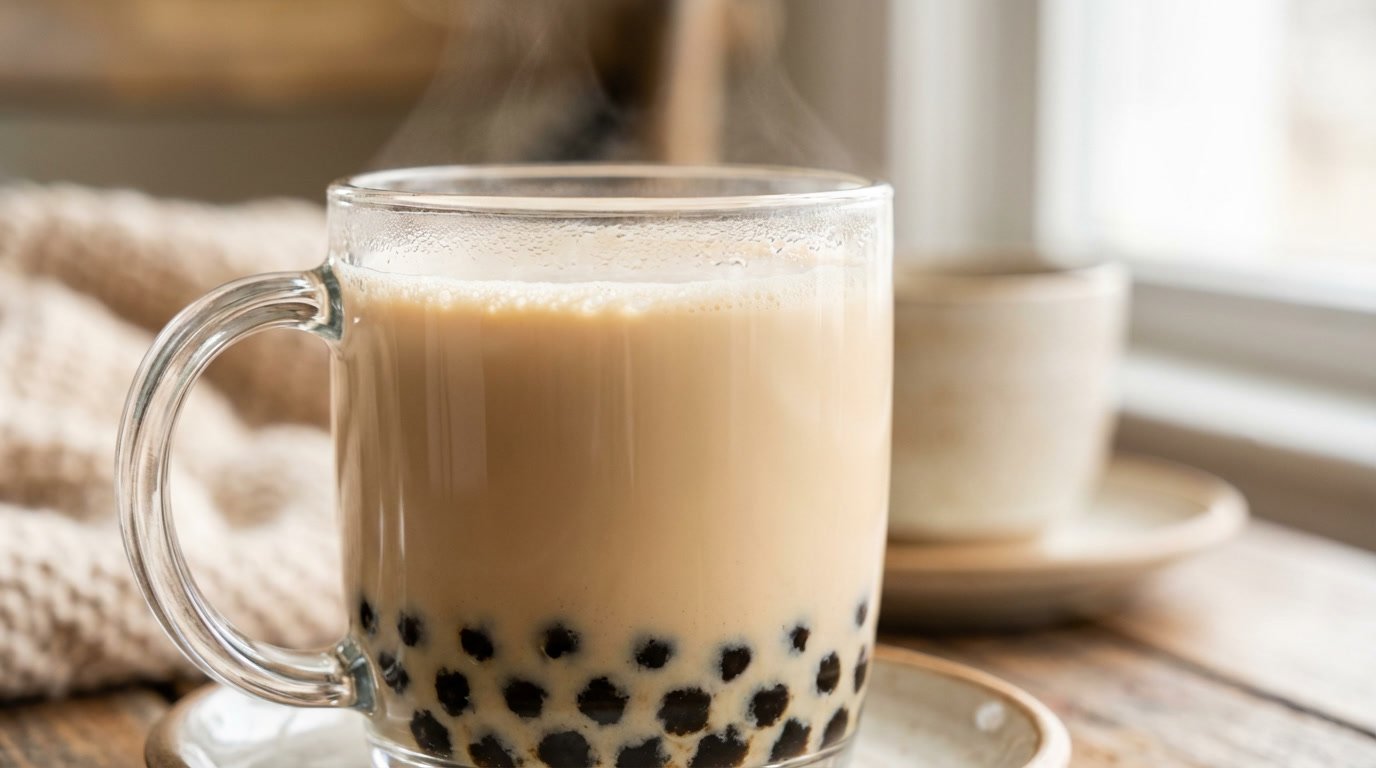 London fog bubble tea made with Earl Grey milk tea, vanilla, and black tapioca pearls