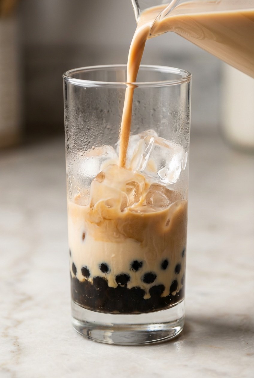 Iced London Fog bubble tea with black tapioca pearls and milk tea over ice
