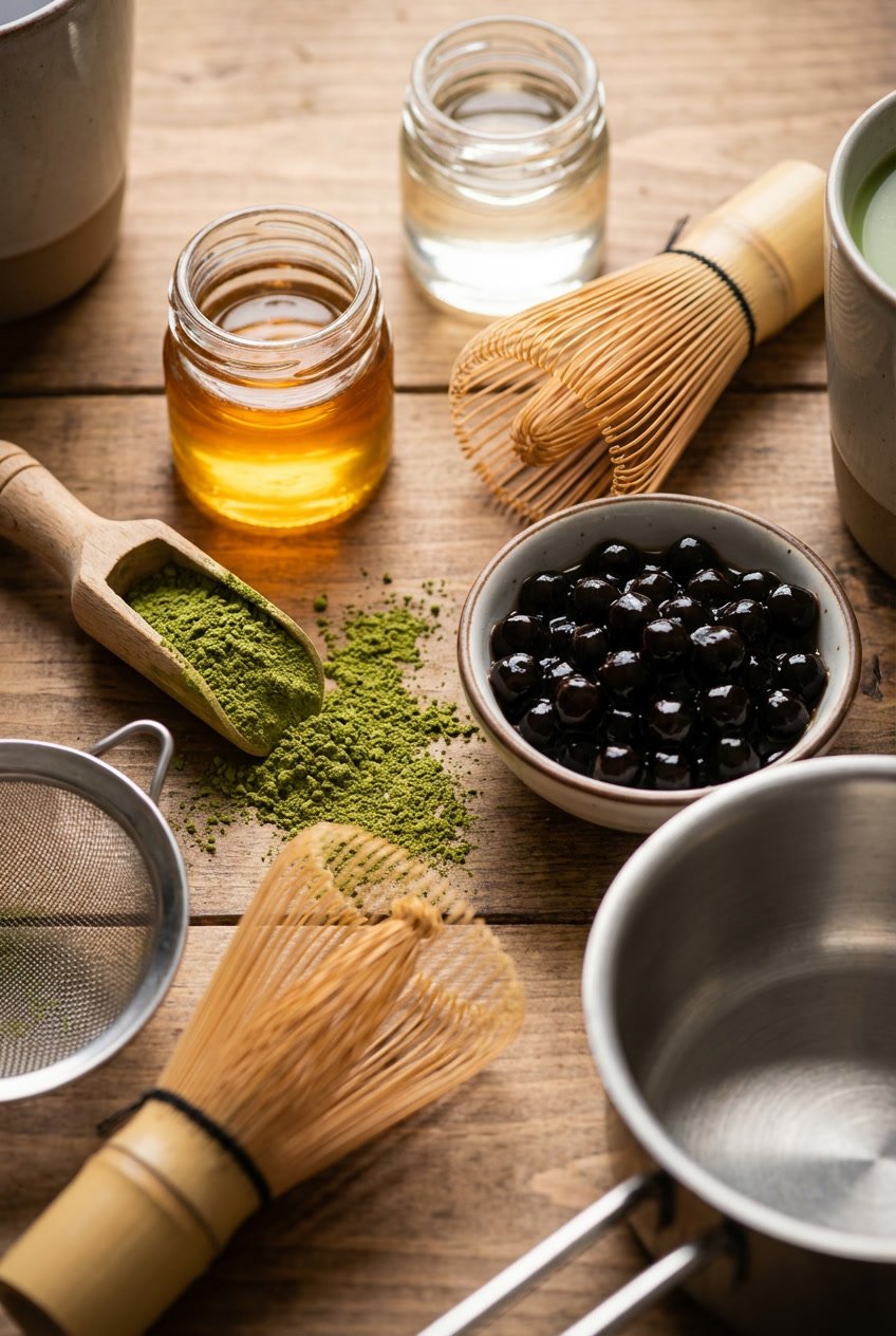 Ingredients for a hot matcha boba latte including matcha powder, sweetener, and black tapioca pearls