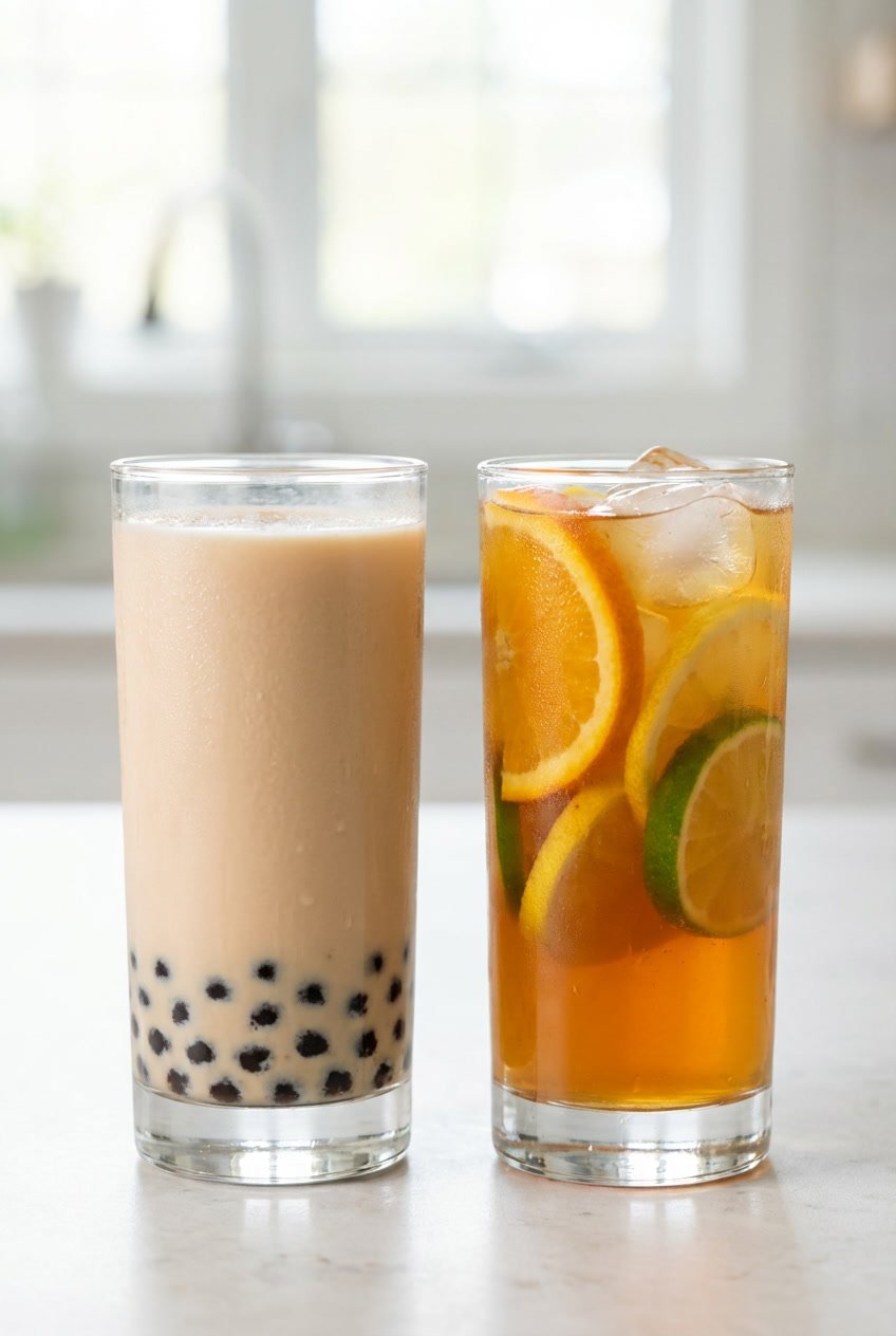Milk tea and fruit tea shown side by side asking which bubble tea is lower calorie