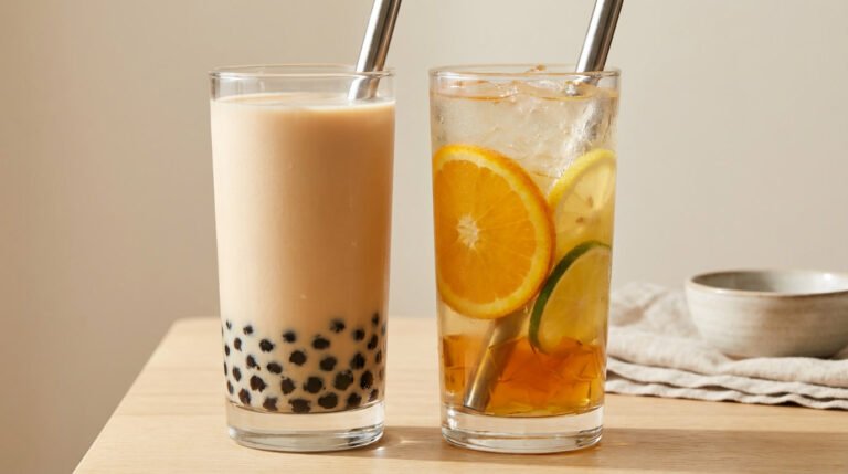Milk tea with boba next to citrus fruit tea with ice, comparing milk tea vs fruit tea calories