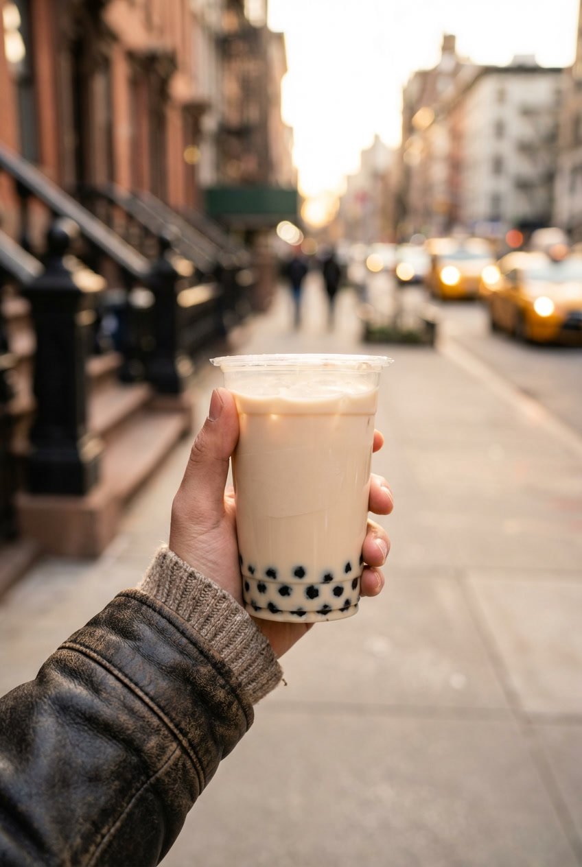 Takeaway bubble tea held while walking on a NYC sidewalk with soft brownstone background blur.