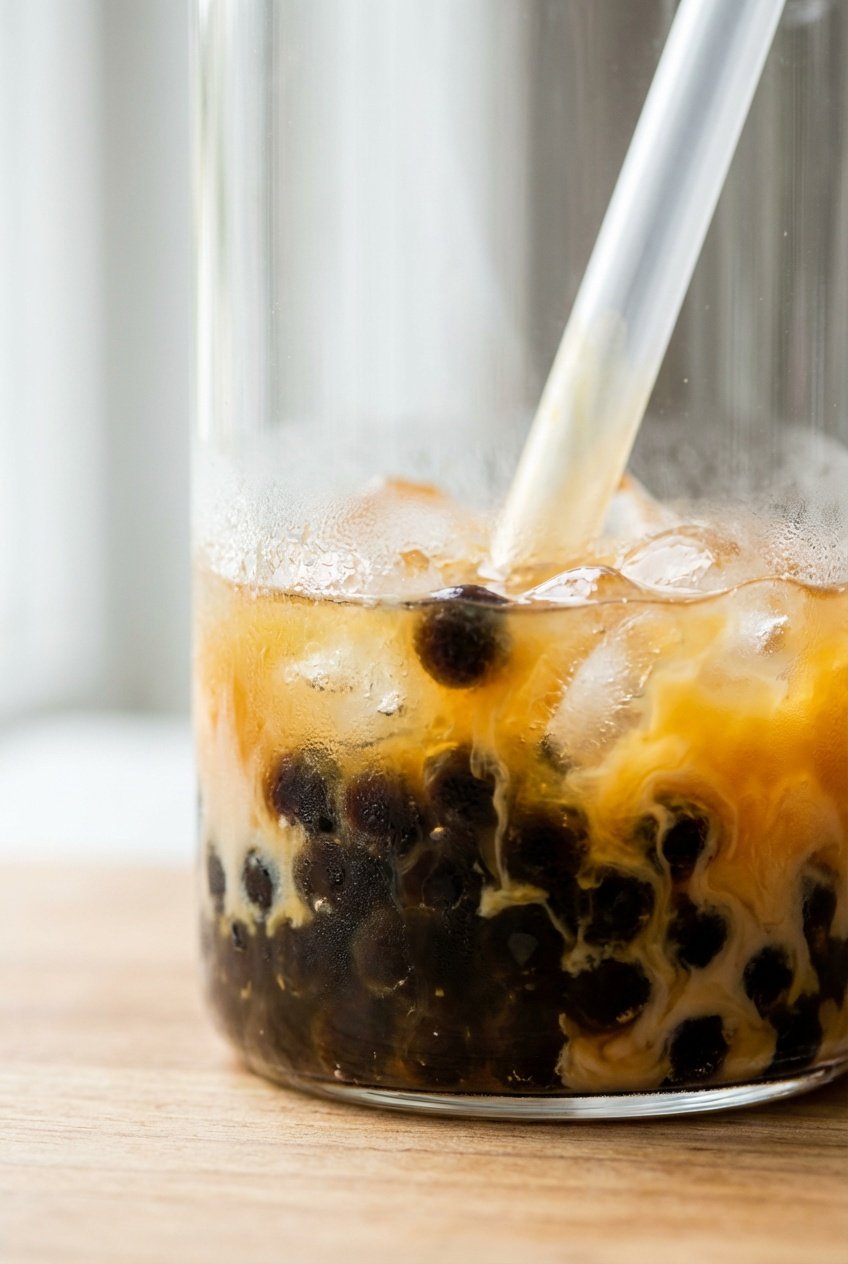 Close up of peach green tea boba with black tapioca pearls
