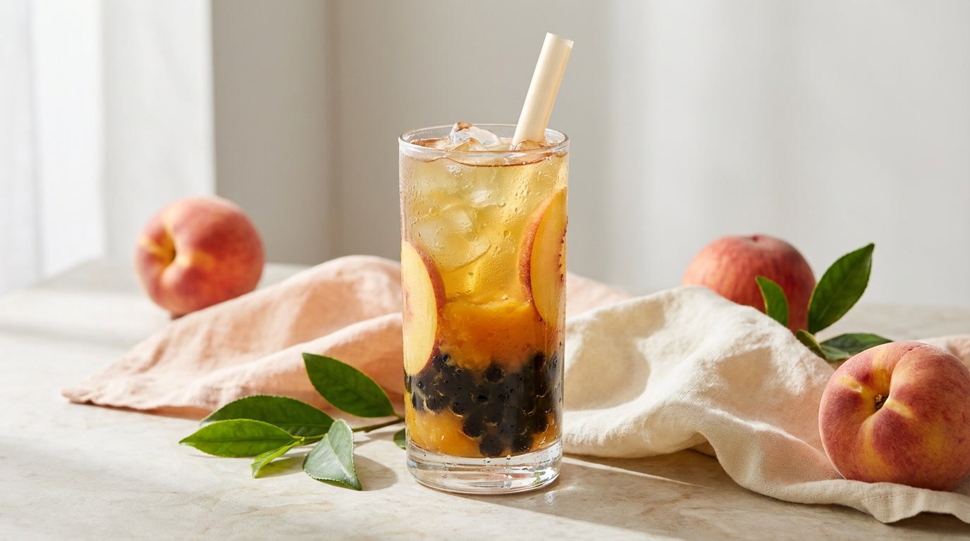 Peach green tea boba made with real peaches and chewy boba pearls