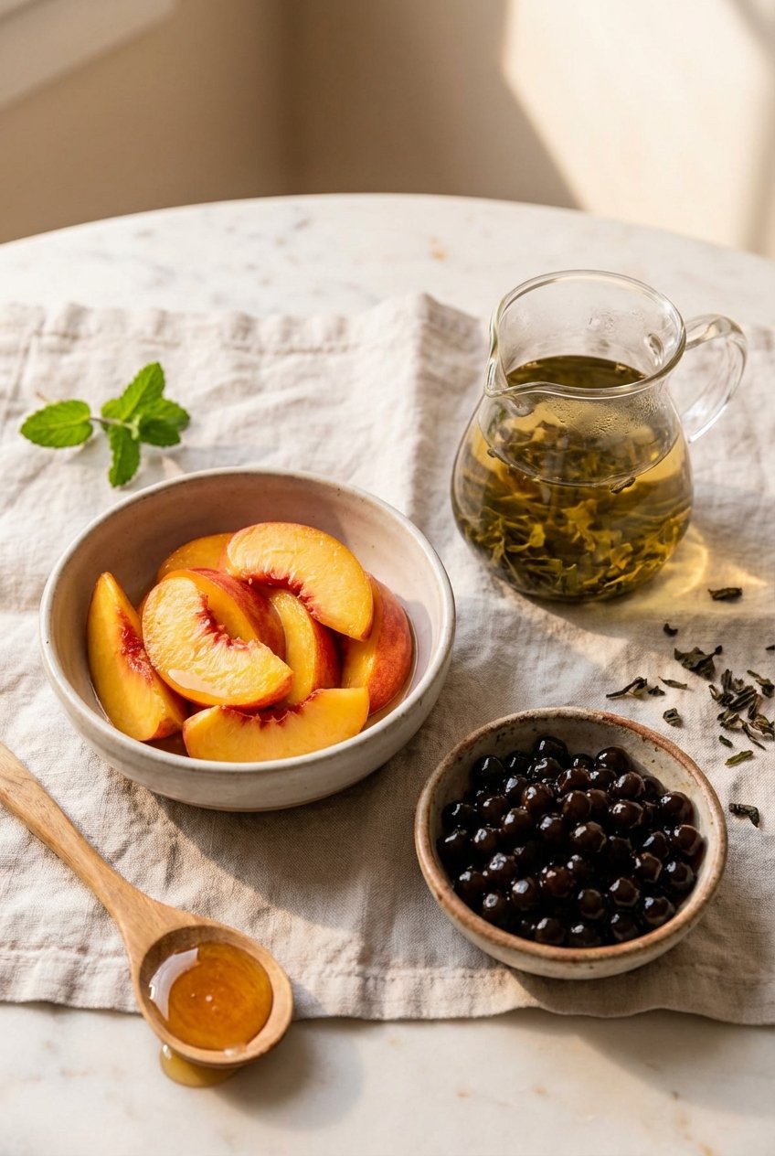 Ingredients for peach green tea boba including fresh peaches, green tea, and boba pearls