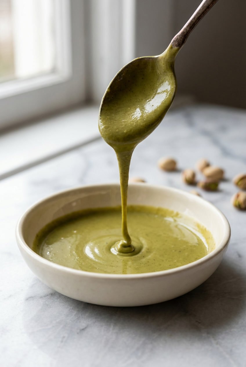Pistachio tahini sauce being drizzled for Dubai chocolate matcha boba