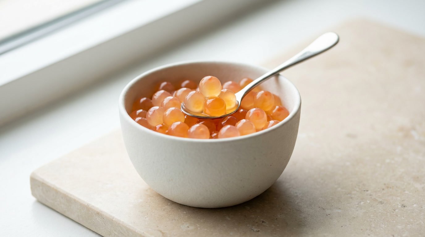 Bowl of popping boba pearls with a spoon showing translucent juice-filled spheres