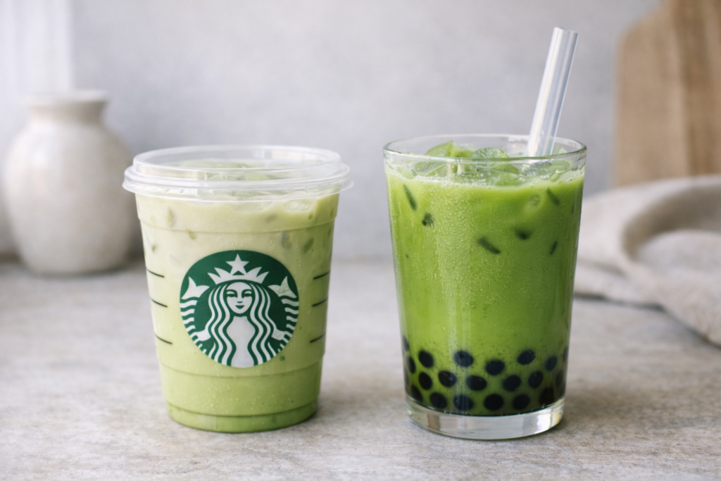 Starbucks matcha latte vs matcha bubble tea side-by-side on a light countertop with ice and boba pearls