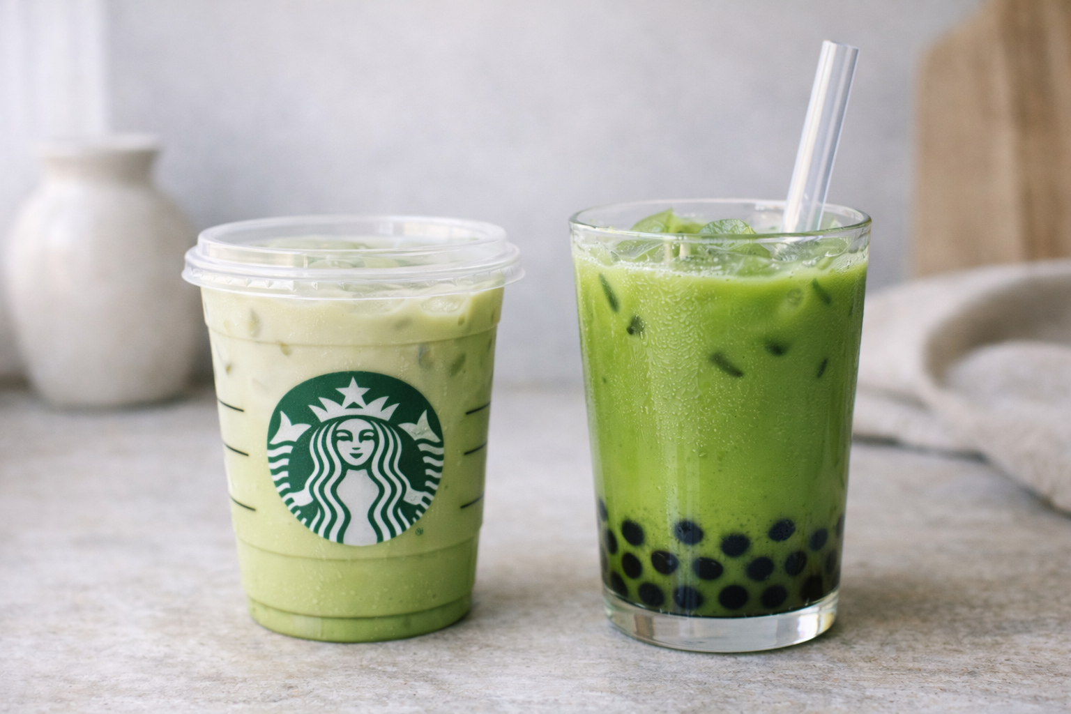 Starbucks matcha latte vs matcha bubble tea side-by-side on a light countertop with ice and boba pearls