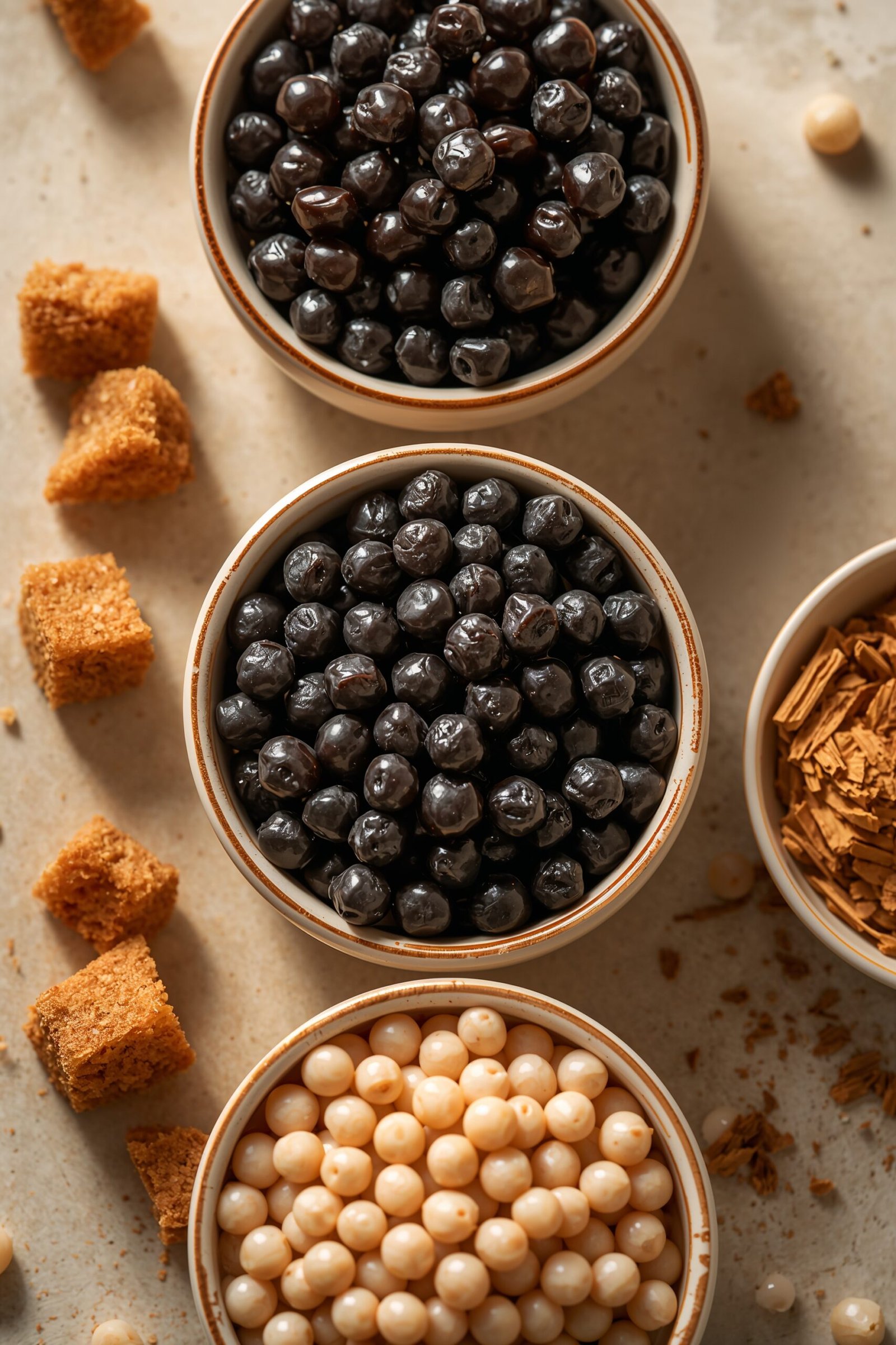 Close-up of three bowls of tapioca pearls showing different boba pearl types with brown sugar nearby