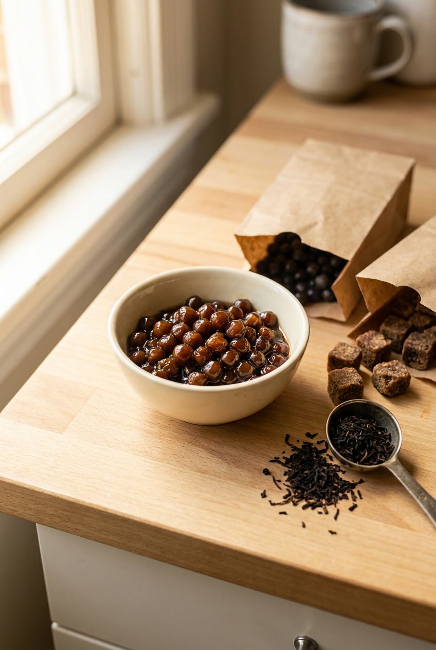 Close-up of boba pearl packages and brown sugar on a counter with a small bowl of glossy cooked pearls
