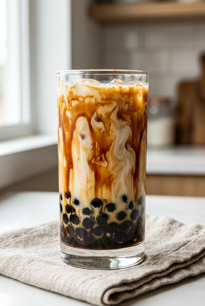 Brown sugar milk tea with caramel syrup streaks and tapioca pearls in clear glass for bubble tea calorie calculator guide