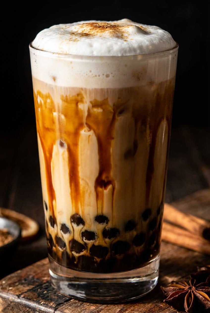 Brown sugar milk tea with caramel streaks, milk foam, and tapioca pearls