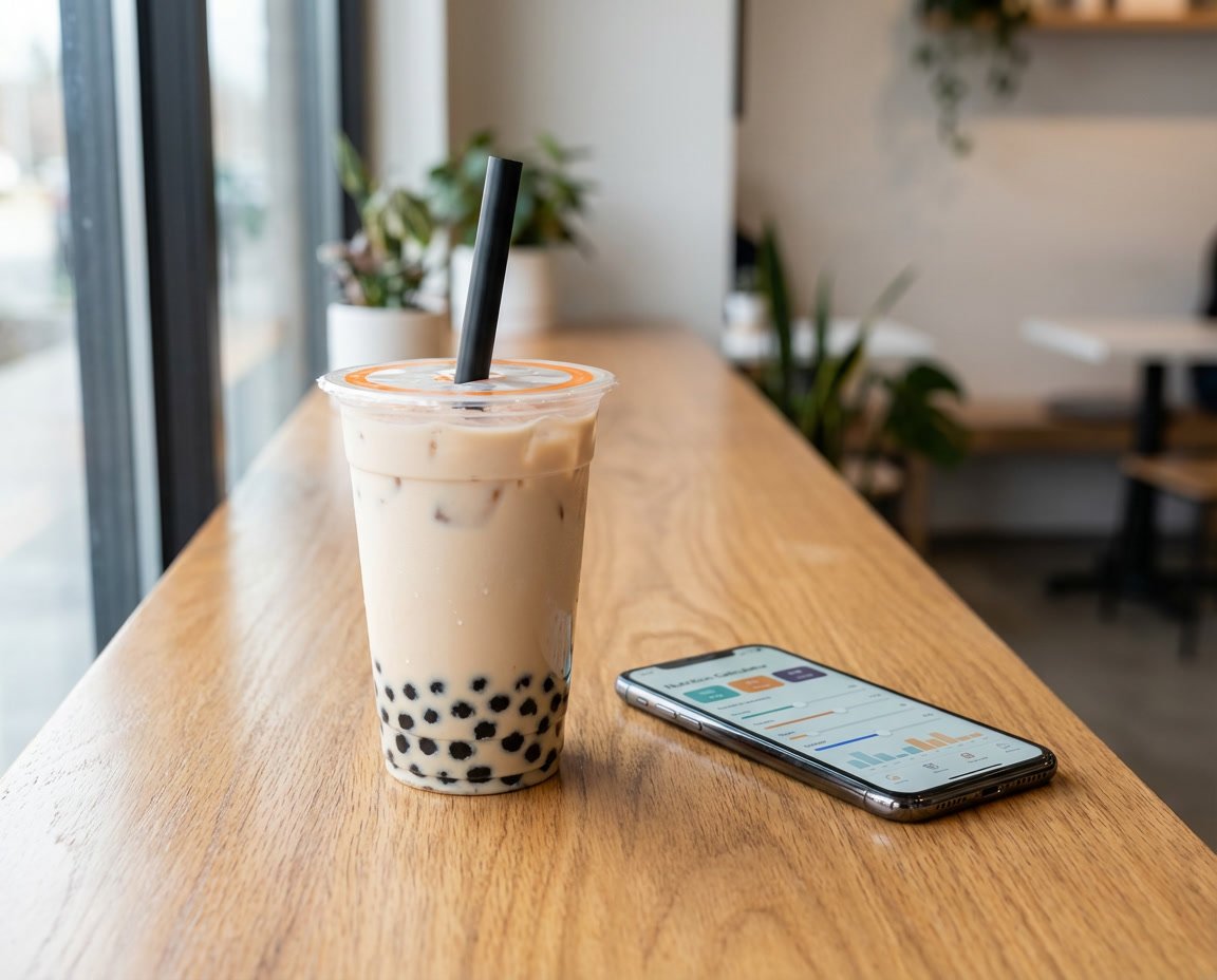 Bubble tea calorie calculator on a phone next to a sealed milk tea cup
