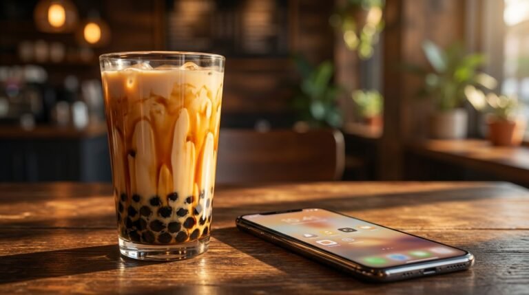 Brown sugar milk tea with tapioca pearls next to smartphone for bubble tea calorie calculator