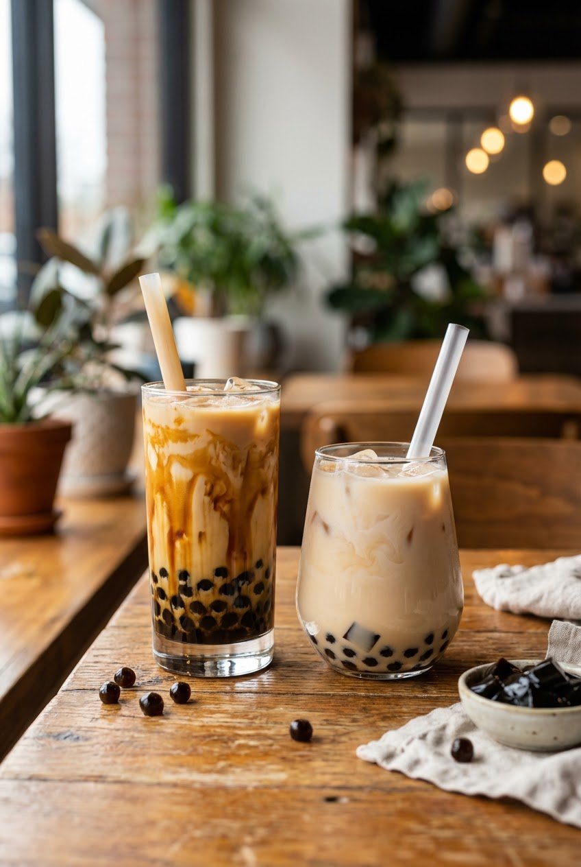Two bubble tea drinks showing sugar and topping differences for bubble tea calorie calculator