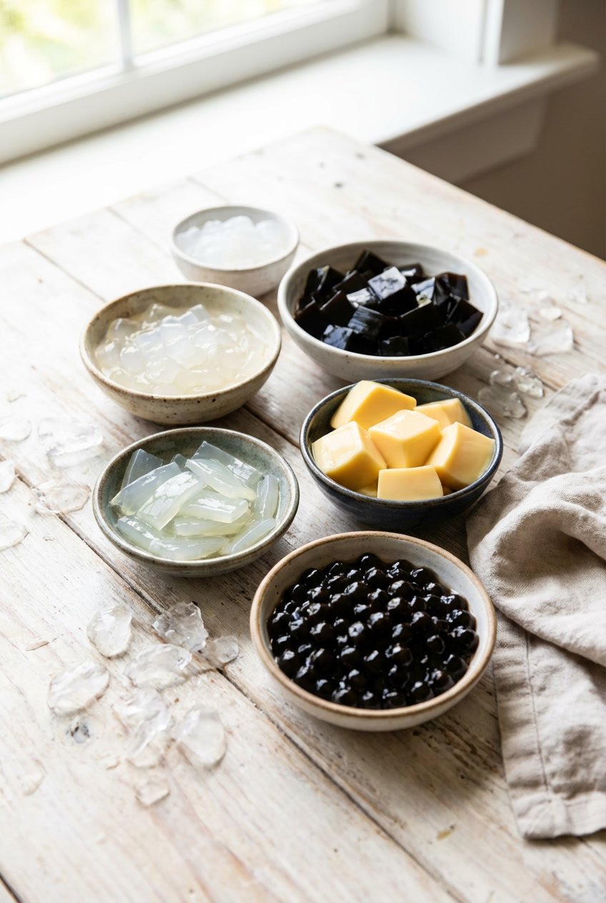 :
Bubble tea calorie calculator showing common toppings like tapioca pearls, grass jelly, and pudding