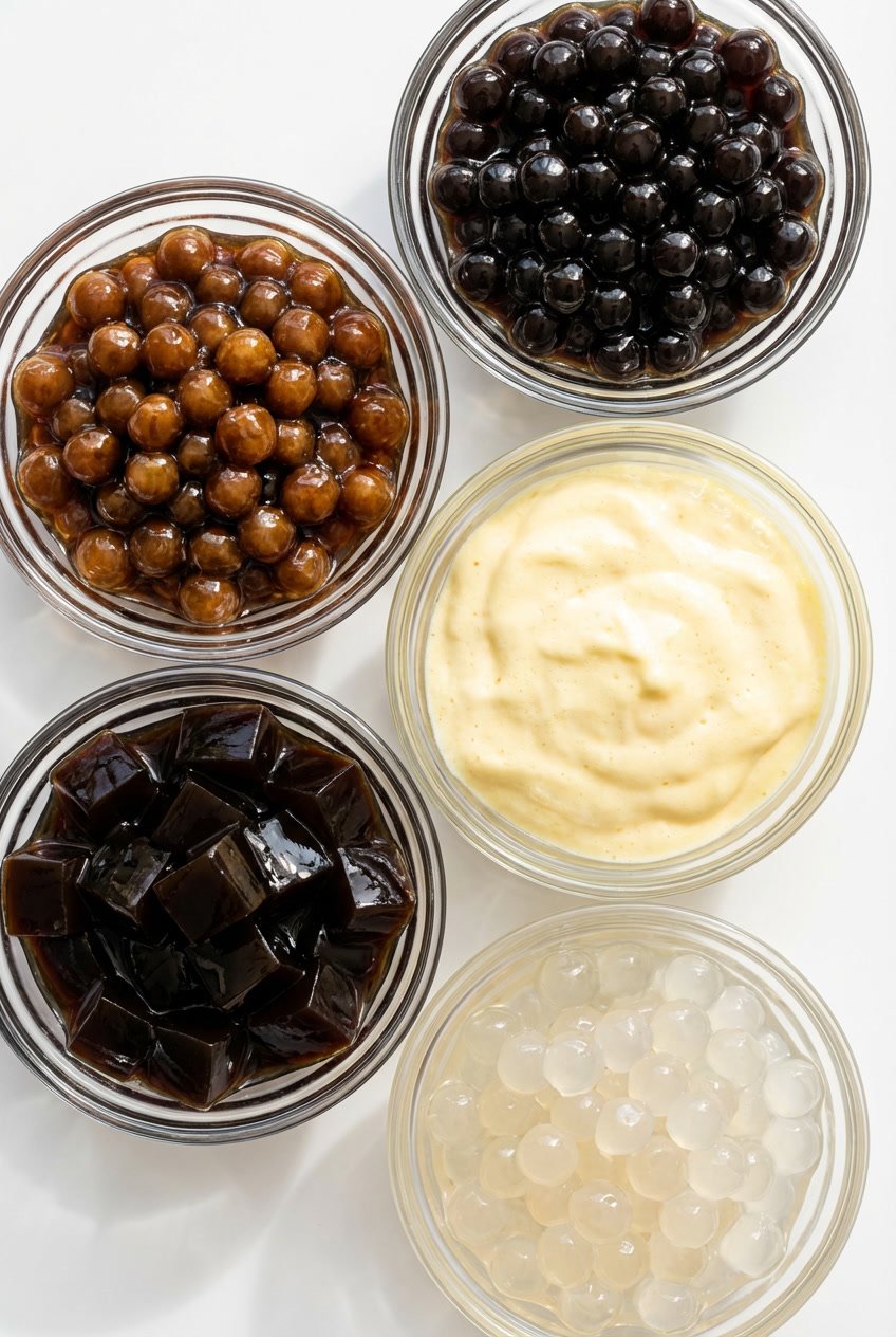 Popular bubble tea toppings including tapioca pearls, crystal boba, grass jelly, and milk foam in glass bowls