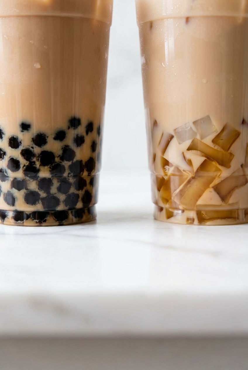 Bubble tea toppings comparison showing tapioca pearls versus jelly
