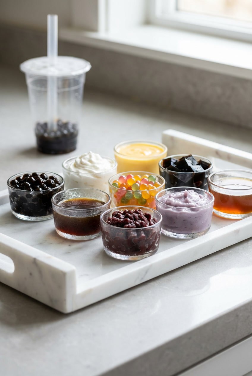 Bubble tea toppings where calories add up fastest, including tapioca pearls, cream foam, custard, popping boba, grass jelly, red bean, taro, and brown sugar syrup arranged on a marble tray.
