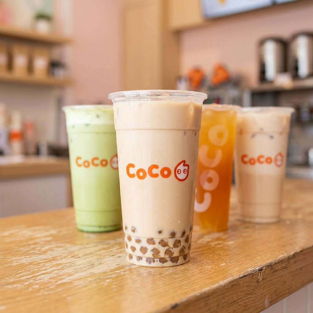CoCo Fresh milk tea with boba in front of other CoCo drinks inside a bubble tea shop