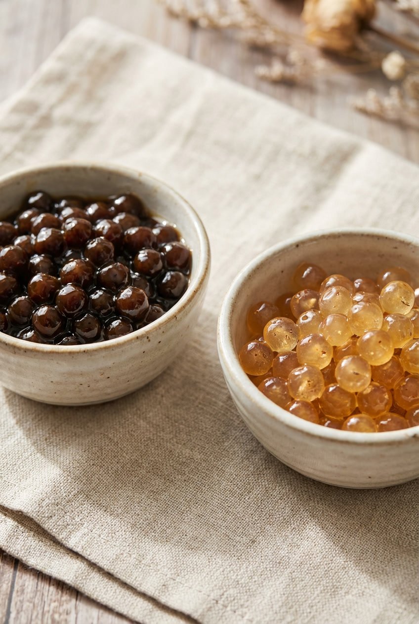 crystal boba vs tapioca pearls calorie comparison in small bowls