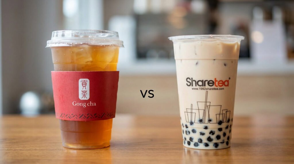 Gong Cha vs Sharetea calories comparison with fruit tea and milk tea bubble tea drinks side by side.