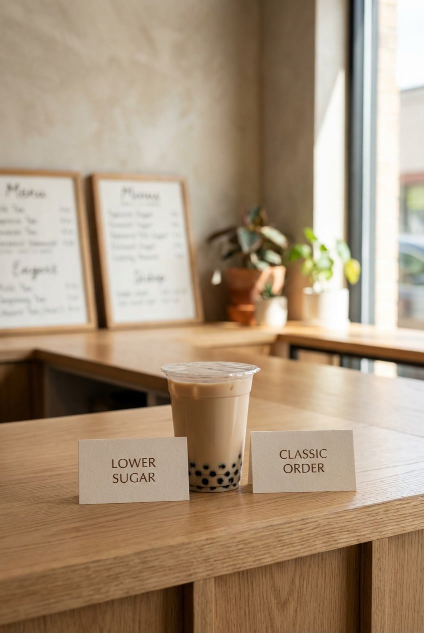 Lower sugar bubble tea order compared to a classic order at a modern café, illustrating Gong Cha vs Sharetea calories and sugar choices
