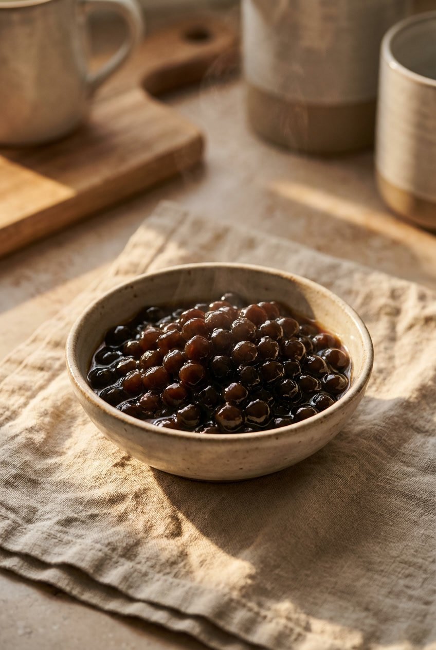 how many calories are in boba pearls shown in half cup serving of cooked tapioca pearls