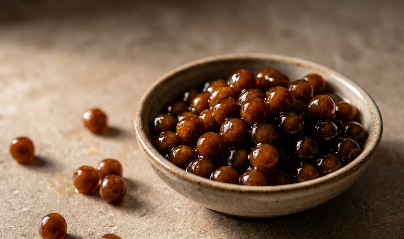 Close-up of glossy tapioca pearls in a ceramic bowl on a neutral stone surface