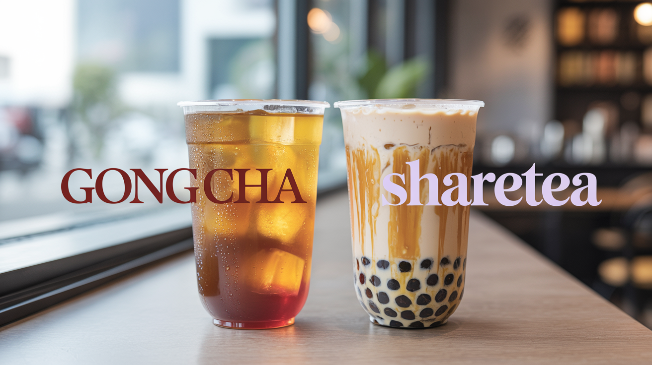Gong Cha vs Sharetea calories comparison with fruit tea and milk tea bubble tea drinks side by side.