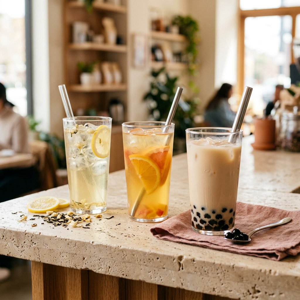Three lowest calorie bubble tea drinks under 150 calories, including jasmine tea, fruit tea, and a light milk tea with boba