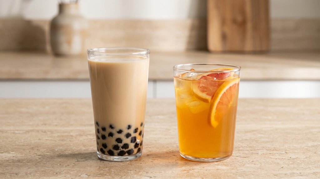 Milk tea and fruit tea bubble tea side by side for a calorie comparison
