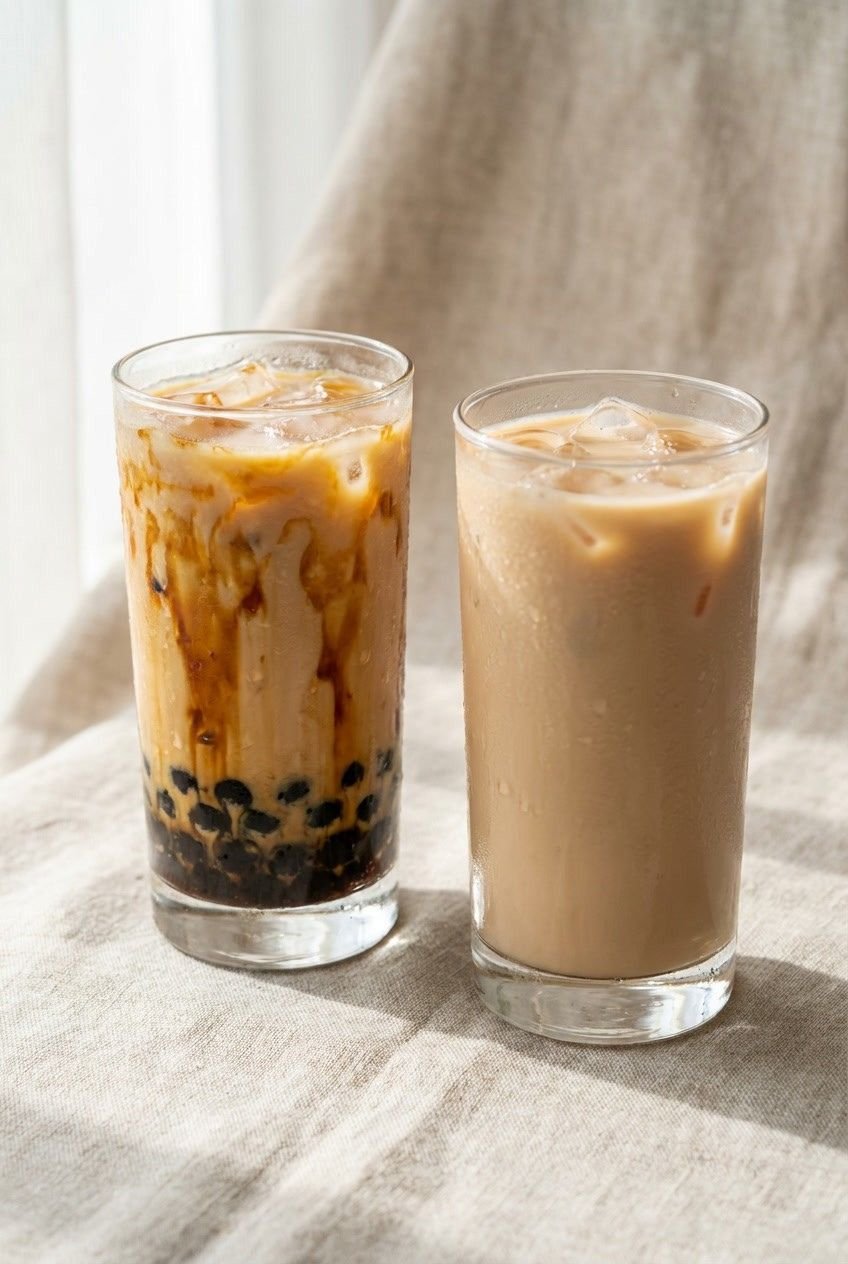 milk tea with and without boba pearls showing calorie difference