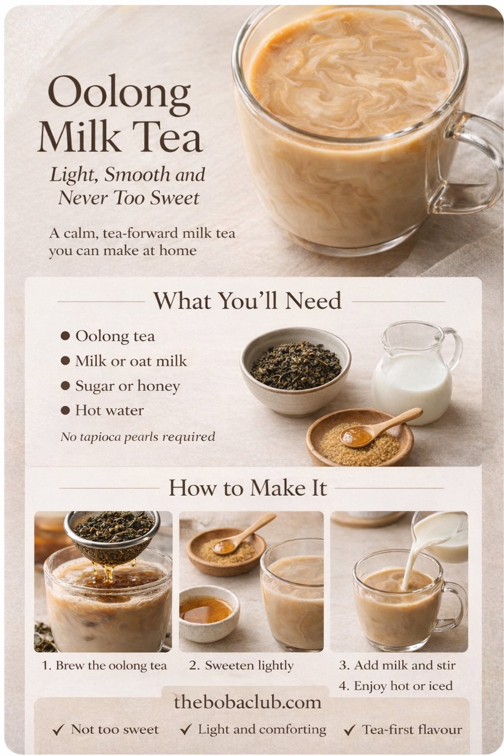 Pinterest infographic for homemade oolong milk tea showing ingredients and step-by-step instructions.
