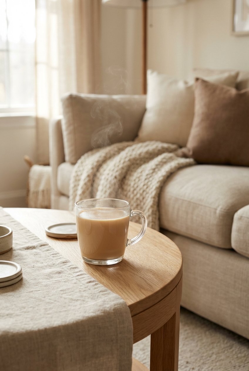 Oolong milk tea in a clear glass mug on a wooden side table in a cozy neutral living room