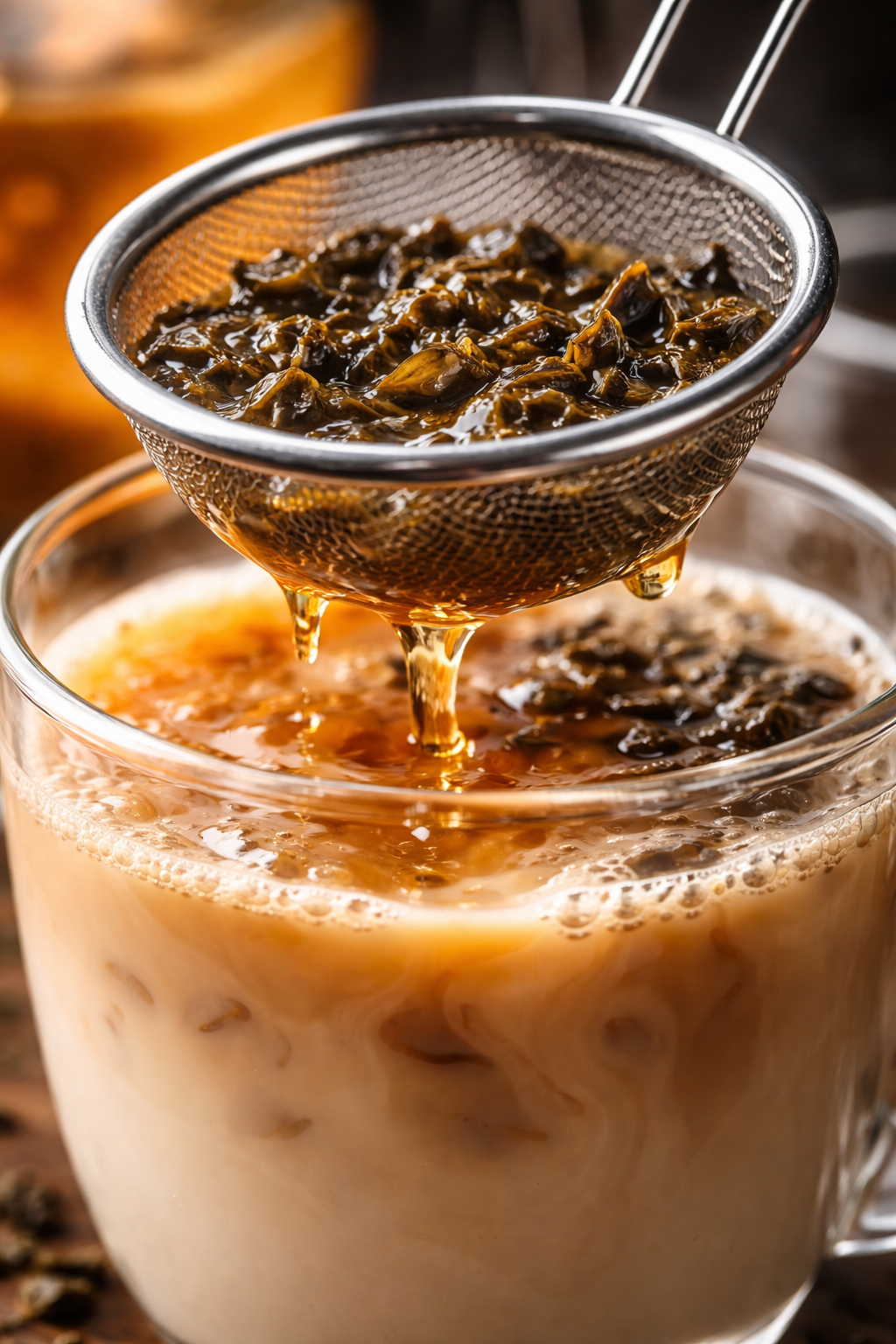 Loose-leaf oolong tea being strained into milk tea using a fine mesh strainer