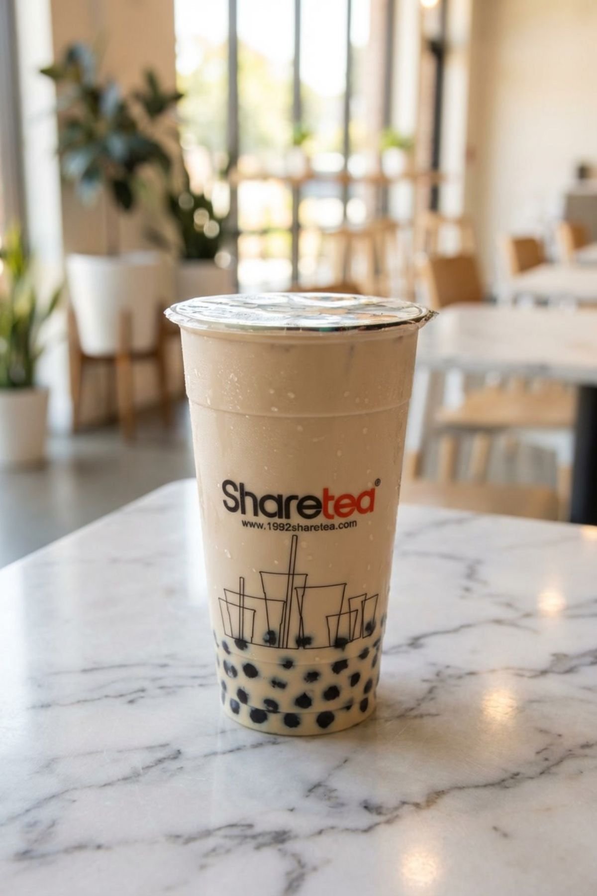 Sharetea milk tea with tapioca pearls on a marble table, used in Gong Cha vs Sharetea calories comparison