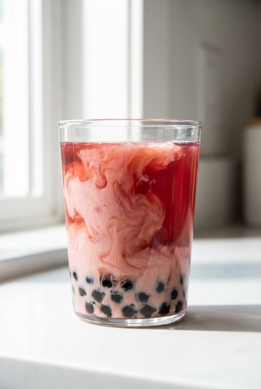 Milk swirling into strawberry rose milk tea with black tapioca pearls
