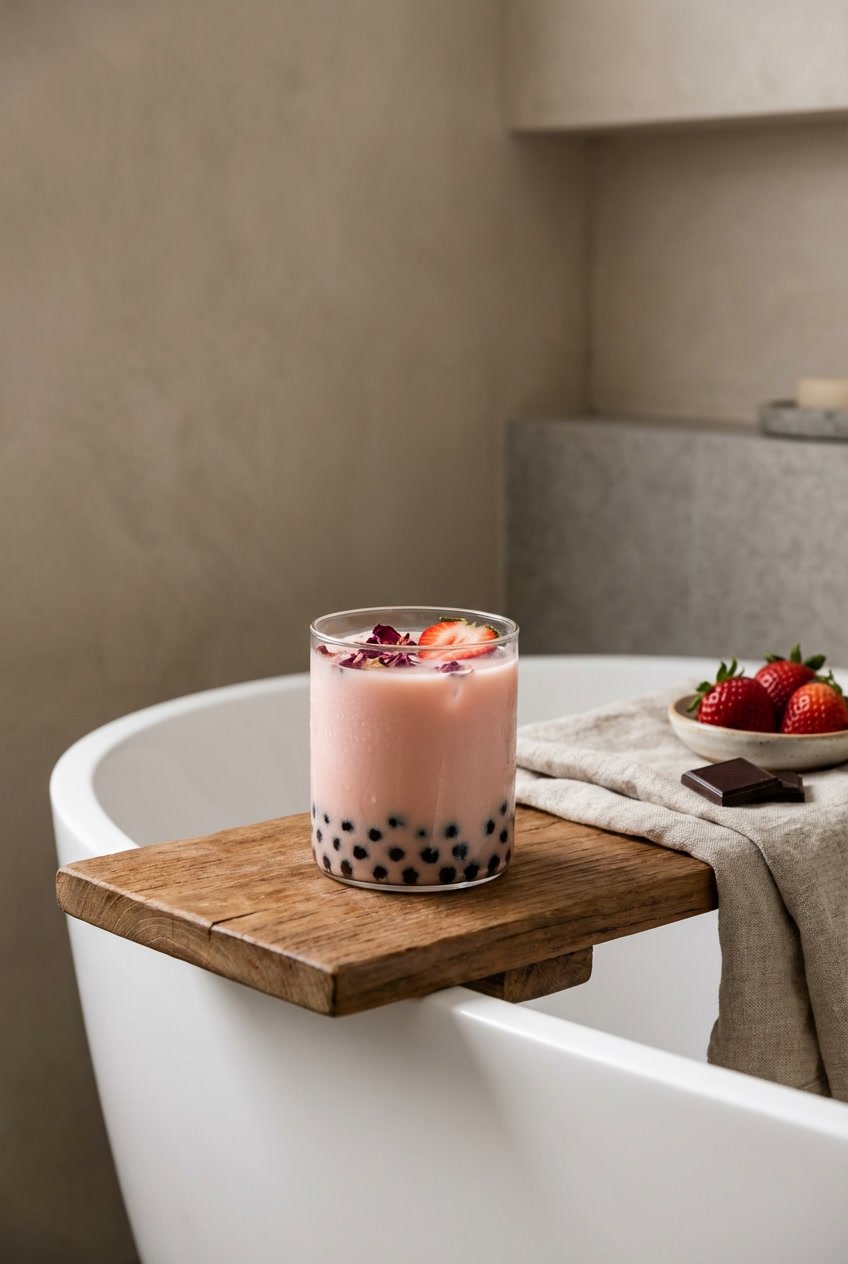 Valentine’s Day bubble tea served as strawberry rose milk tea in a modern, calm setting