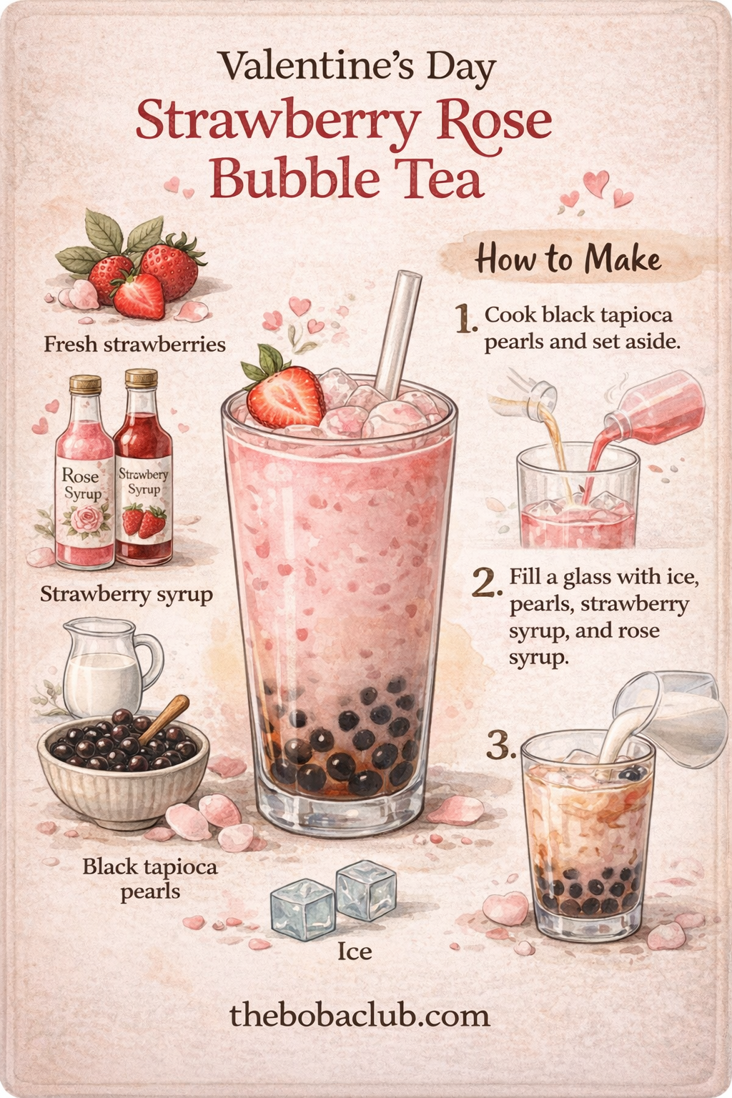 Strawberry rose bubble tea recipe infographic for Valentine’s Day with black tapioca pearls