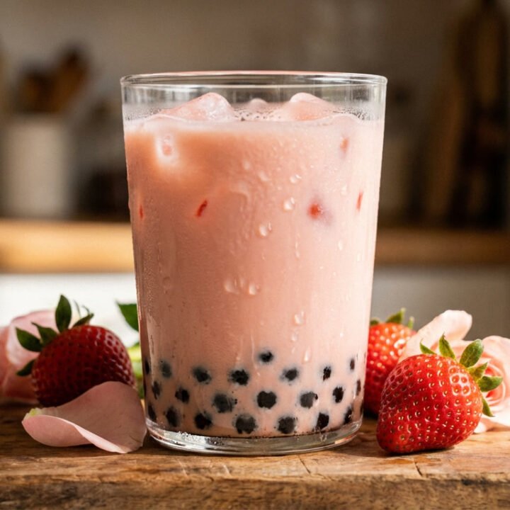 Valentine’s Day strawberry rose milk tea with black tapioca pearls in a clear glass
