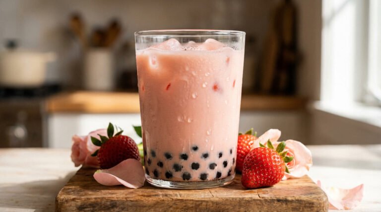 Valentine’s Day strawberry rose milk tea with black tapioca pearls in a clear glass