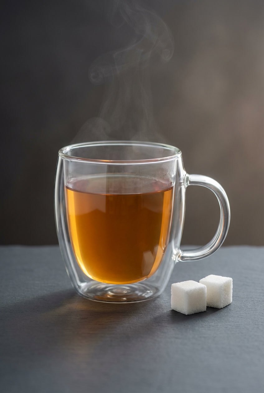 Clear double-walled glass mug of hot amber tea with steam and two sugar cubes beside it